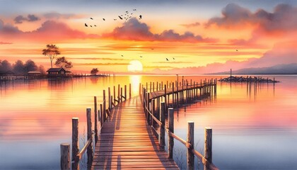 A calm watercolor painting depicting a wooden pier sloping gently into a charming lake at dusk