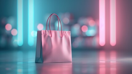Stylish pink shopping bag showcasing modern design against a vibrant background with glowing neon lights.