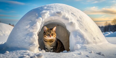 Naklejka na ściany i meble Snowy igloo home with cheerful cat lounging inside Generative AI, cat, snow, creative, winter