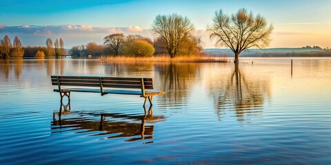Obraz premium Flooded bench submerged in water during early morning at a lake or river, flooded, bench, early morning, lake, river