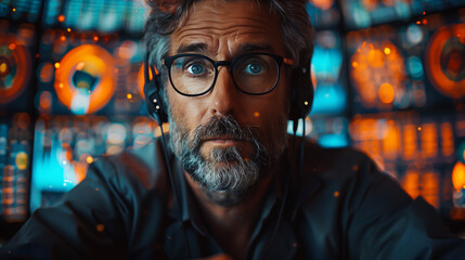 stockbroker with glasses and headphones surrounded by vibrant trading screens and data ooks intently at the camera in a bustling trading environment