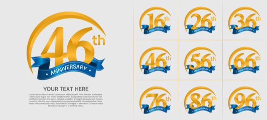 anniversary logotype set vector, golden color with blue ribbon for special day celebration