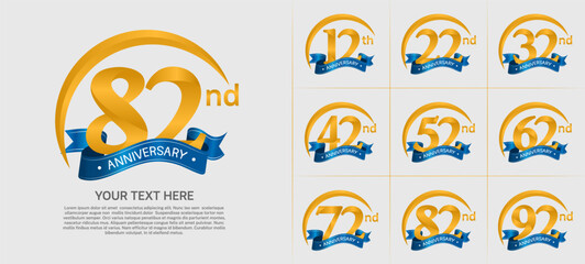 anniversary logotype set vector, golden color with blue ribbon for special day celebration