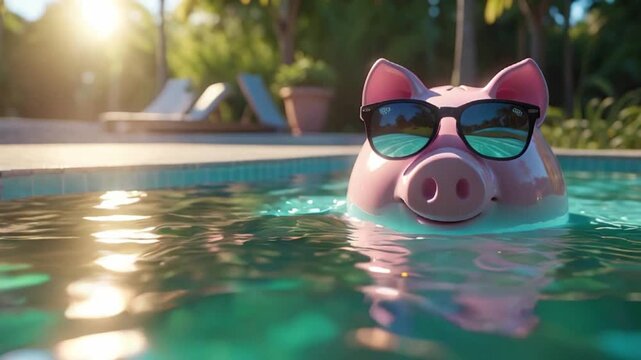 Piggy bank with sunglasses floating in a pool under the sun. Fun and whimsical scene perfect for summer and savings themes.