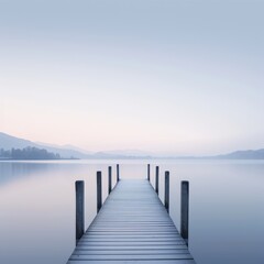 Fototapeta premium Serene lakeside view with a wooden dock extending into calm waters under a soft, pastel sky.
