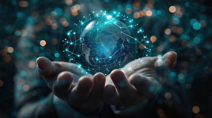 Internet network or signal in the world in futuristics concept with open hand. HD 4k wallpaper background photo for advertisement, technological company.
