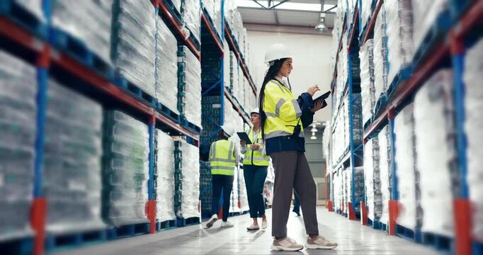People, tablet and logistics in storage inspection, inventory or checking stock together at warehouse. Group of employees and technology in export, import or distribution business for quality control