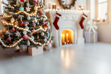 Christmas tree in the room near the fireplace and with festive decorative decorations. Evening cozy festive atmosphere