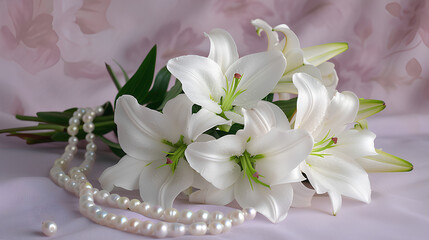  A Bouquet of White Lilies with a Pearl Necklace.
