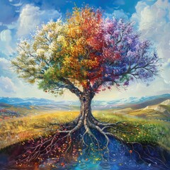 Tree of Seasons, A majestic tree in the middle of a vast landscape, with branches showing all four seasons at once Spring blossoms © Thanadol