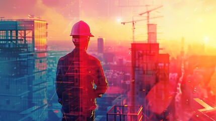 Fototapeta premium Glorious illustration digital building construction engineering with double exposure graphic design