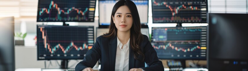 Fototapeta premium Professional woman analyzing stock market trends with multiple screens displaying financial data and charts in a modern office.