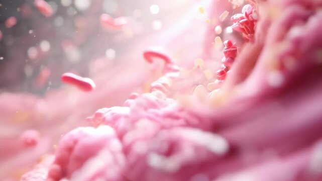 A detailed microscopic view of pink intestinal cells absorbing nutrients and red blood cells, showcasing the intricate biological processes inside the human body. Vivid daylight illuminates the scene.