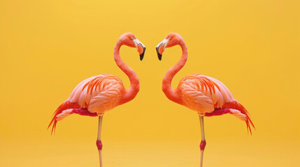 Obraz premium Left and right a couple of flamingo in the middle free space with clean yellow background. Cute wallpaper photo background for desktop, valentine day, presentation.