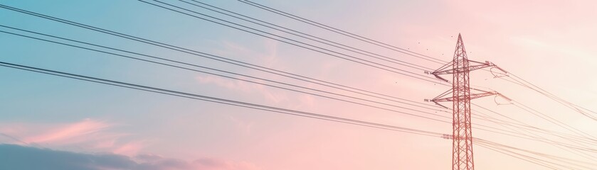 Power lines silhouetted against a colorful twilight sky, illustrating the connection of energy and nature's beauty.