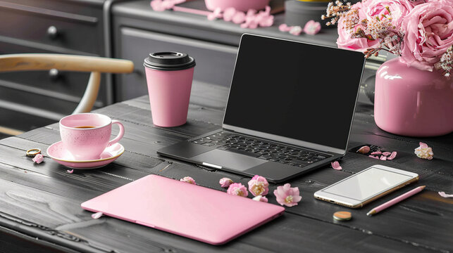 Laptop phone and other office accessories on the office desk with cute pink and black theme. HD 4k wallpaper background photos.