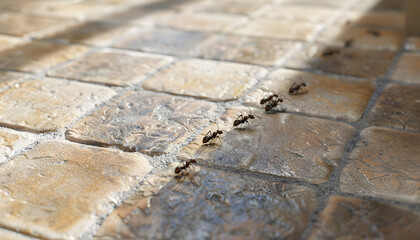 A close-up of ants walking in a line on a stone floor.