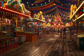 A deserted carnival midway with colorful game booths and a wooden boardwalk.