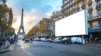 A busy street in Paris with a large white billboard in the background.