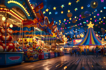 Illuminated carnival stalls and rides at night with string lights, stars, and colorful decorations.