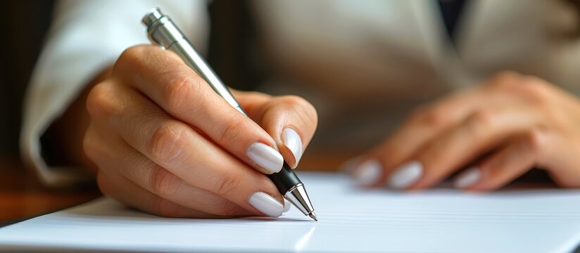 Close-up of a Woman's Hand Writing with a Pen on Paper in a Professional Setting