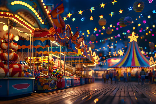 Illuminated carnival stalls and rides at night with string lights, stars, and colorful decorations.
