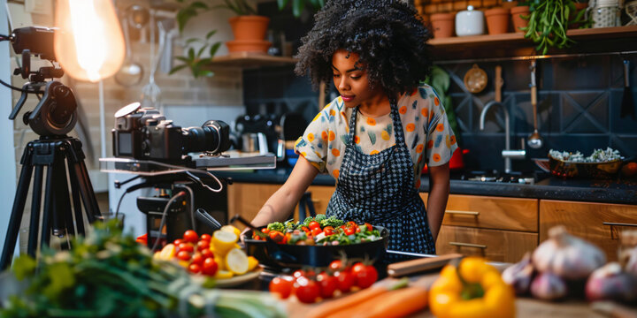 african woman is cooking and filming a recipe in her kitchen. She's surrounded by fresh ingredients and a professional camera setup.