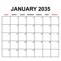 january 2035. Calendar with holydays or red dates. monthly calendar design with week starts on sunday. printable, simple, and clean vector design isolated on white background.
