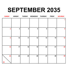 september 2035. Calendar with holydays or red dates. monthly calendar design with week starts on sunday. printable, simple, and clean vector design isolated on white background.