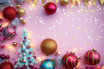 Festive Christmas background .Colorful Christmas ornaments and decorations with lights and confetti on a soft pastel background, creating a festive holiday scene