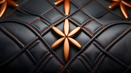 Obraz premium Close-up minimal luxury metallic symbol on black leather background for premium fashion and beauty product business, minimalist clean composition concept, high detail, 3d illustration