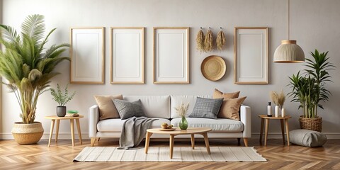 Blank wall mockup with boho minimal frames in a living room setting, wall frame, mockup, blank wall, living room, boho