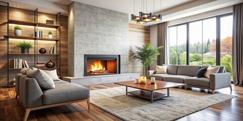 Fototapeta premium Modern living room with a cozy fireplace , modern, living room, fireplace, interior design, contemporary, comfortable, elegant