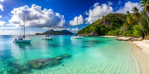 Paradise found crystal-clear waters, sailboats, and white sandy beach AI-Created Content, sailboats, marina