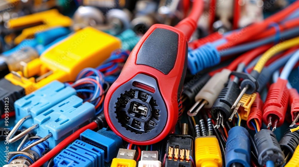Poster tools and materials for telecommunications work including a network cable tester rj45 connectors and