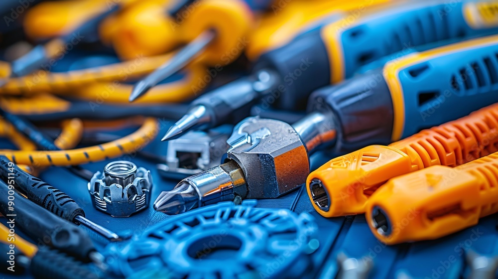 Poster tools and materials for telecommunications work including a network cable tester rj45 connectors and