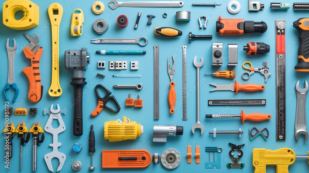 Poster a well-organized flat lay of telecommunications tools including a cable tracer patch cords and a pun