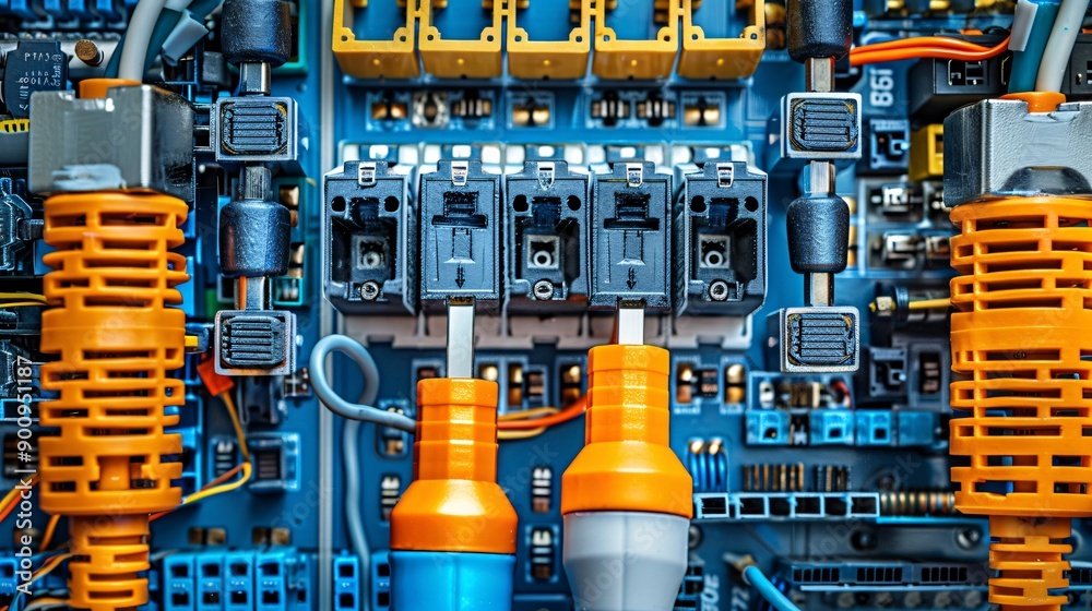 Poster top view of essential tools for telecommunications work such as a fiber optic cleaver keystone jacks