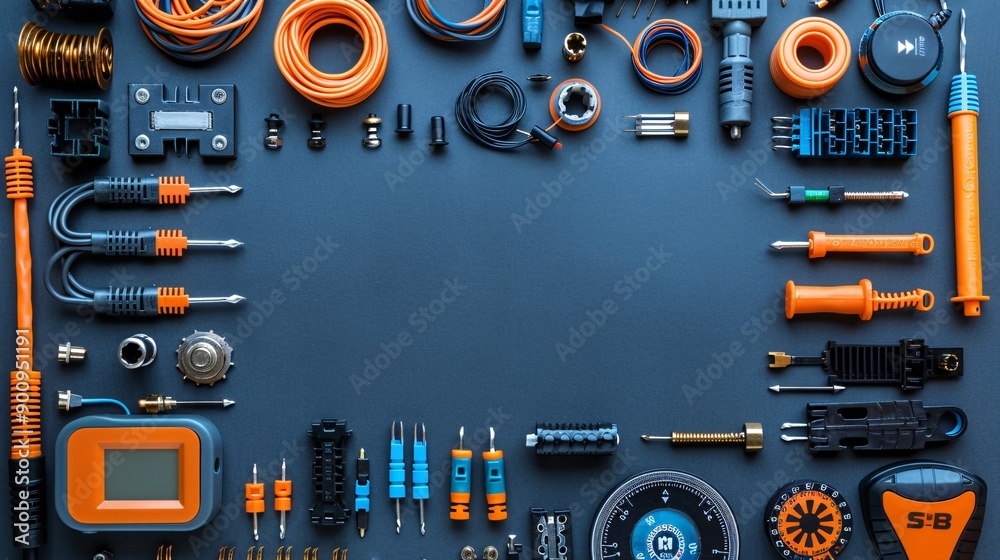 Aufkleber flat lay featuring a variety of telecommunications components like rj45 connectors patch cables and 