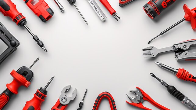 A well-organized flat lay of telecommunications tools including a cable tracer patch cords and a punch down tool Stock Photo with copy space
