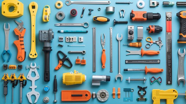 A well-organized flat lay of telecommunications tools including a cable tracer patch cords and a punch down tool Stock Photo with copy space