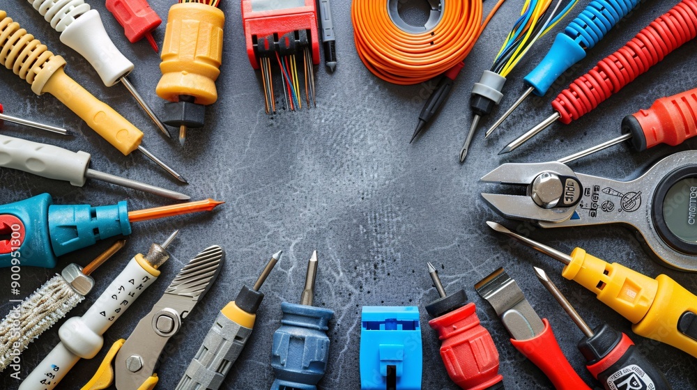 Poster flat lay arrangement of tools and materials for telecommunications work such as a cable stripper rj4
