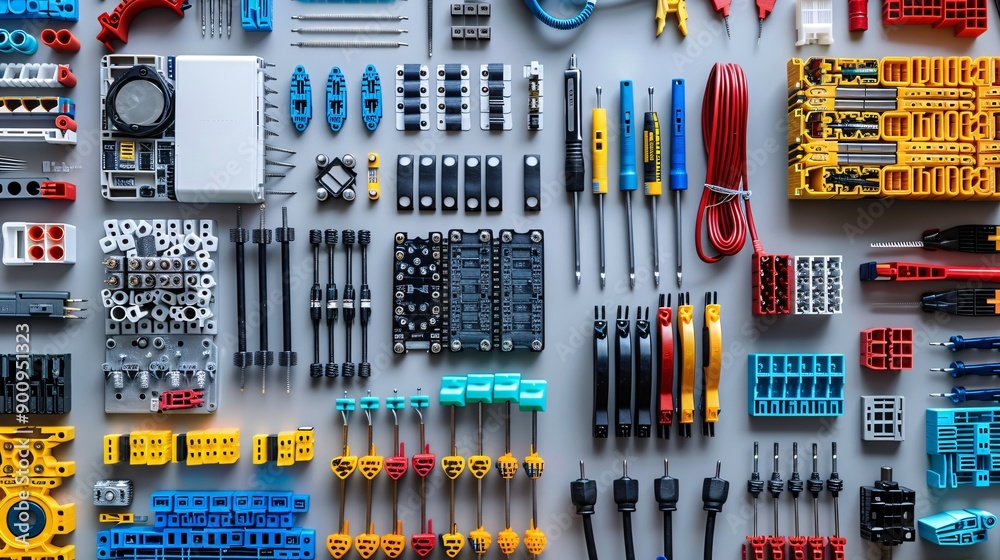 Poster Essential tools for telecommunications work laid out in a flat lay including a network switch keystone jacks and various cables Stock Photo with copy space