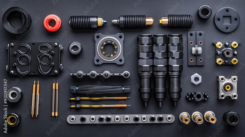 Poster neatly arranged flat lay of telecommunications tools including a fiber optic cleaver punch down tool