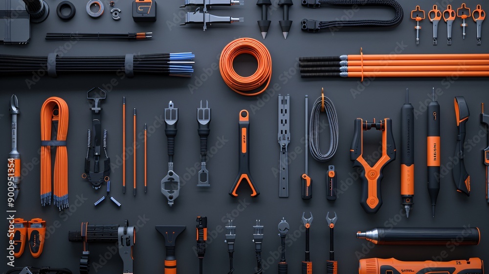 Poster neatly arranged flat lay of telecommunications tools including a fiber optic cleaver punch down tool