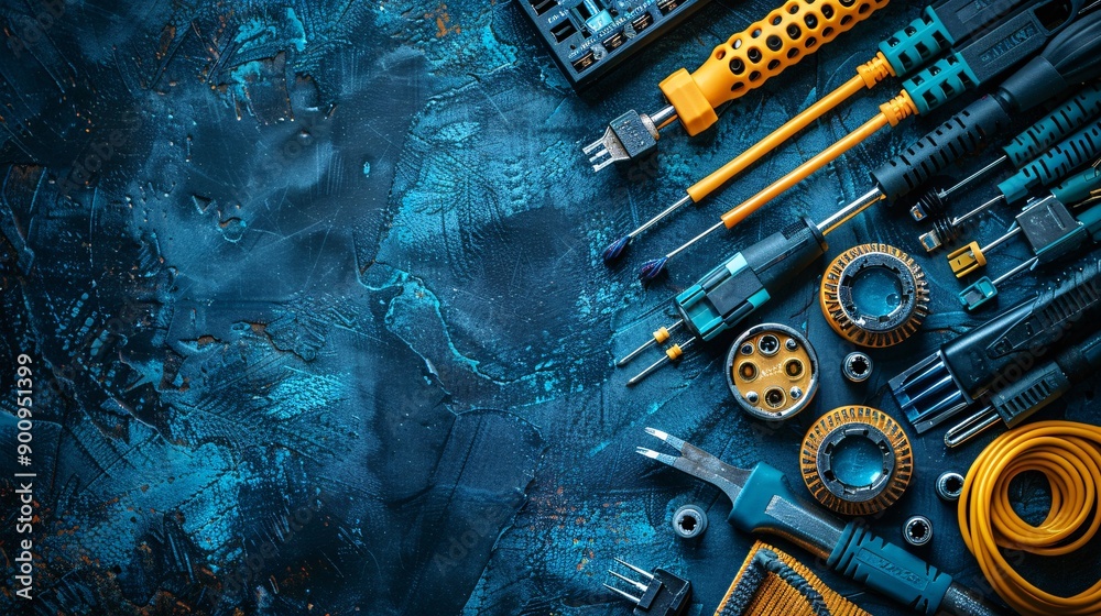 Poster Essential tools for telecommunications work arranged in a flat lay including a network switch RJ45 connectors and various cables Stock Photo with copy space