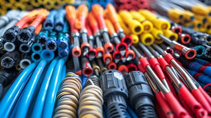 A well-organized flat lay of telecommunications hand tools including crimping tools coaxial cables and a cable stripper Stock Photo with copy space