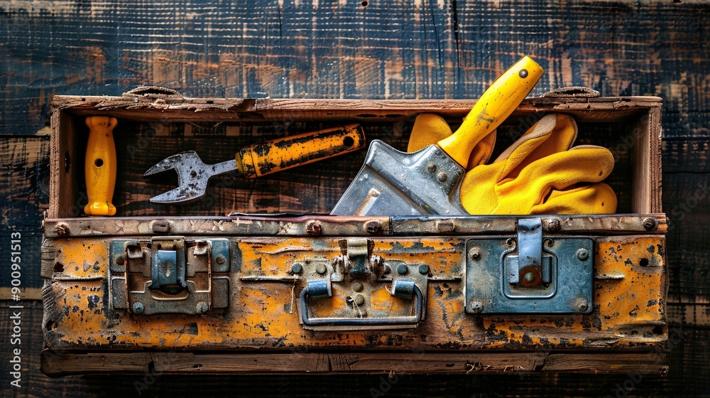 Poster top view of construction essentials including a spirit level gloves and a toolbox stock photo with c