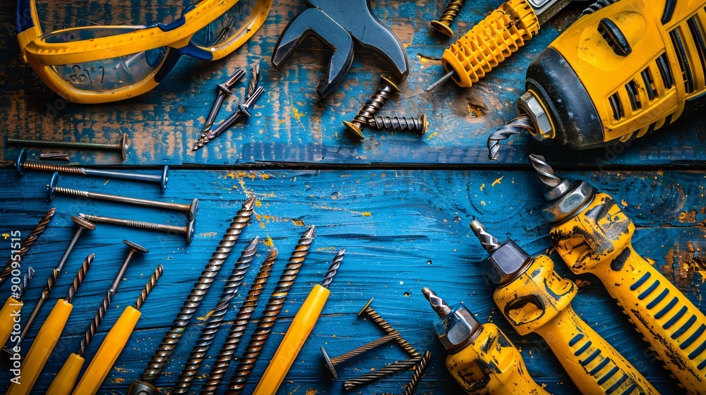 Poster flat lay showcasing a drill bit set safety glasses and a set of nails and screws stock photo with co