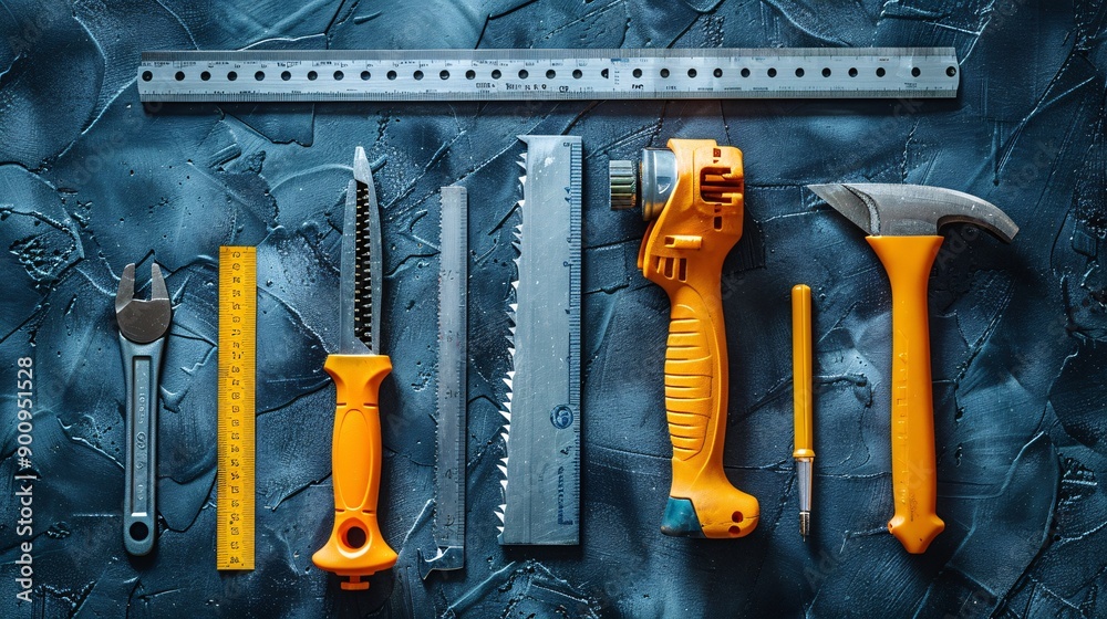 Aufkleber neatly arranged construction tools including a saw measuring tape and a utility knife stock photo wi